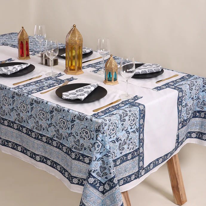 Traditional Hand Block Blue Floral Print Cotton Table Cover 6 Seater